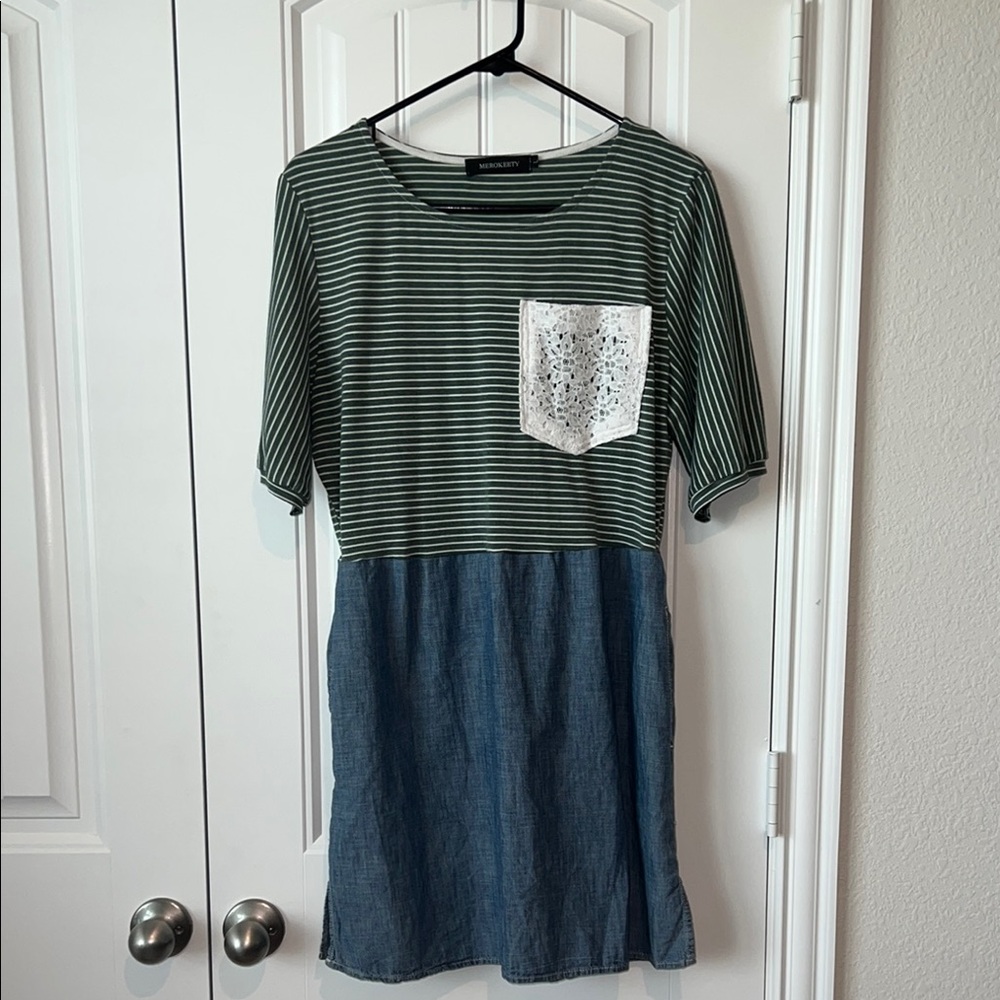 (Up) Cycled Green Striped Dress with Denim Skirt